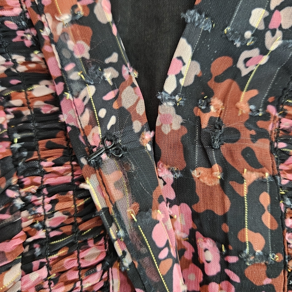 Hale Bob Jade Fit Flare Tiered Midi Dress Floral Ruffle Short Sleeve V Neck XS - Picture 6 of 11